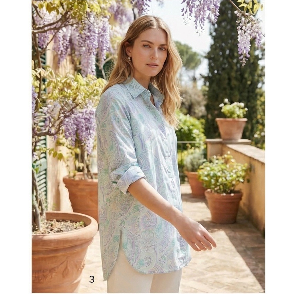 Max Mara 1X Italy Paisley Button Down Shirt Mint Green Lavender 3/4 Sleeve Tunic